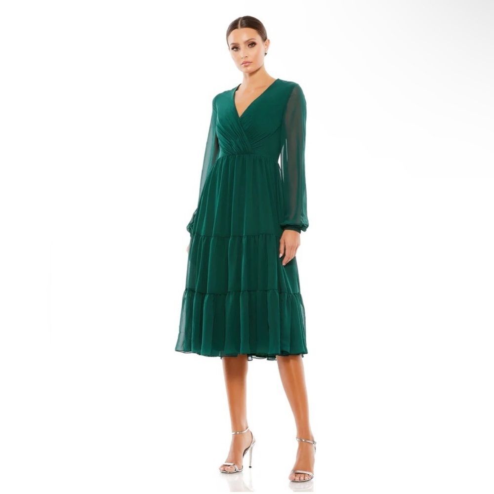 Mac Duggal Emerald Green Long Sleeve Tiered Midi Dress - Picture 2 of 11